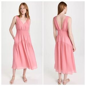 VINCE women’s Sleeveless V-Neck Smocked Ruched Midi Dress Rosetta Pink Pockets